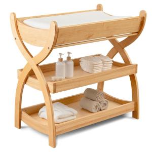 imageComfy Cubs Baby Changing Table  Sturdy Wood Construction Timeless Look Baby Change Table with Two Open Shelves for Infant Daycare Essentials Storage  Natural Wood with White LegsNatural Wood