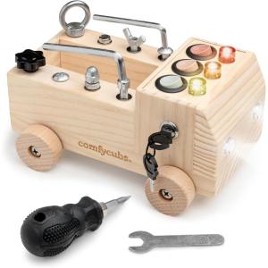 imageComfy Cubs Busy Board Toy Truck Set  Fun ampamp NoiseFree Pine Wood Activity Board for Toddlers with LED Light Switch  Designed in The US Focused ampamp Engaging Montessori Play for Kids 3 BlushNatural Wood