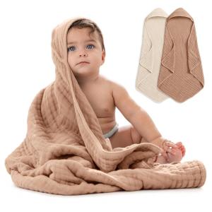 imageComfy Cubs Hooded Baby Towel 2Pack Large 32 x 32 Inch  6 Layer 100 Muslin Cotton for Babies Toddlers and Kids  Soft ampamp Absorbent Baby Bath Towels  Unisex Design for Bath Time  BlushCedar and Sand