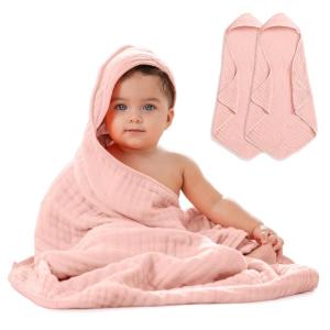 imageComfy Cubs Hooded Baby Towel 2Pack Large 32 x 32 Inch  6 Layer 100 Muslin Cotton for Babies Toddlers and Kids  Soft ampamp Absorbent Baby Bath Towels  Unisex Design for Bath Time  BlushLace