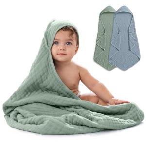 imageComfy Cubs Hooded Baby Towel 2Pack Large 32 x 32 Inch  6 Layer 100 Muslin Cotton for Babies Toddlers and Kids  Soft ampamp Absorbent Baby Bath Towels  Unisex Design for Bath Time  BlushPacific Blue and Fern