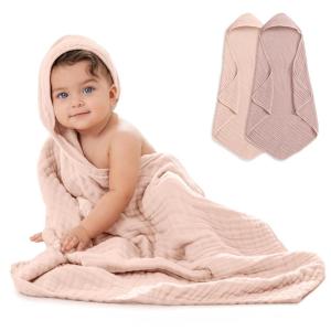 imageComfy Cubs Hooded Baby Towel 2Pack Large 32 x 32 Inch  6 Layer 100 Muslin Cotton for Babies Toddlers and Kids  Soft ampamp Absorbent Baby Bath Towels  Unisex Design for Bath Time  BlushMauve and Blush