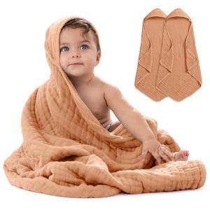 imageComfy Cubs Hooded Baby Towel 2Pack Large 32 x 32 Inch  6 Layer 100 Muslin Cotton for Babies Toddlers and Kids  Soft ampamp Absorbent Baby Bath Towels  Unisex Design for Bath Time  BlushCaramel