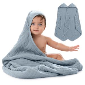 imageComfy Cubs Hooded Baby Towel 2Pack Large 32 x 32 Inch  6 Layer 100 Muslin Cotton for Babies Toddlers and Kids  Soft ampamp Absorbent Baby Bath Towels  Unisex Design for Bath Time  BlushPacific Blue