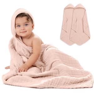 imageComfy Cubs Hooded Baby Towel 2Pack Large 32 x 32 Inch  6 Layer 100 Muslin Cotton for Babies Toddlers and Kids  Soft ampamp Absorbent Baby Bath Towels  Unisex Design for Bath Time  BlushBlush