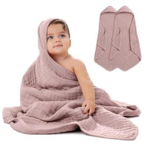 imageComfy Cubs Hooded Baby Towel 2Pack Large 32 x 32 Inch  6 Layer 100 Muslin Cotton for Babies Toddlers and Kids  Soft ampamp Absorbent Baby Bath Towels  Unisex Design for Bath Time  BlushMauve