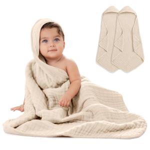 imageComfy Cubs Hooded Baby Towel 2Pack Large 32 x 32 Inch  6 Layer 100 Muslin Cotton for Babies Toddlers and Kids  Soft ampamp Absorbent Baby Bath Towels  Unisex Design for Bath Time  BlushSand