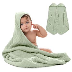 imageComfy Cubs Hooded Baby Towel 2Pack Large 32 x 32 Inch  6 Layer 100 Muslin Cotton for Babies Toddlers and Kids  Soft ampamp Absorbent Baby Bath Towels  Unisex Design for Bath Time  BlushSage