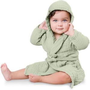 imageComfy Cubs Muslin Bath Robe for Kids  100 Cotton 4Layer Absorbent Muslin Fabric  Hooded with Pockets and BeltedSage