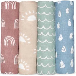 imageComfy Cubs Muslin Swaddle Blankets Pack of 4 47 x 47 Inches Soft Cotton Baby Blanket Set Large Multipurpose Swaddling Wraps for Newborns  SelfSoothing Swaddle  Sun Rainbow Rain DoodleSun  Rainbow  Rain  Doodle