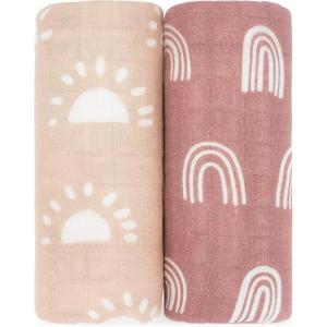 imageComfy Cubs Muslin Swaddle Blankets Pack of 4 47 x 47 Inches Soft Cotton Baby Blanket Set Large Multipurpose Swaddling Wraps for Newborns  SelfSoothing Swaddle  Sun Rainbow Rain DoodleSun and Rainbow