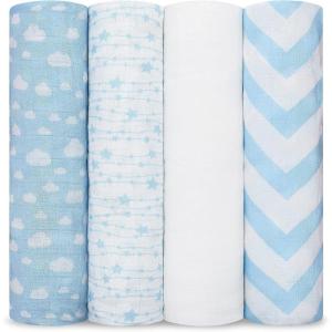 imageComfy Cubs Muslin Swaddle Blankets Pack of 4 47 x 47 Inches Soft Cotton Baby Blanket Set Large Multipurpose Swaddling Wraps for Newborns  SelfSoothing Swaddle  Sun Rainbow Rain DoodleBlue