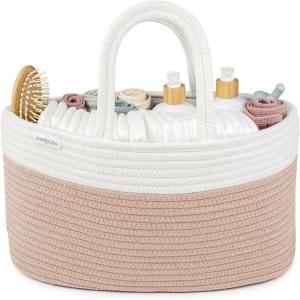 imageComfy Cubs Rope Diaper Caddy Organizer 85quot x 15quot x 8quot  Large Baby Diaper Basket with 3 Spacious Compartments  Stylish Cotton Baby Caddy Organizer for Diapers Wipes ampamp Essentials  BlushBlush