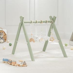 imageComfy Cubs Wooden Baby Play Gym  Natural Finish Pinewood Baby Activity Gym with 5 Sensory Hanging Toys  Easy NoTool Assembly Safe and Durable for Infant Motor and Visual Development  Natural WoodSage