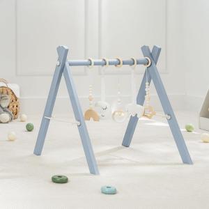 imageComfy Cubs Wooden Baby Play Gym  Natural Finish Pinewood Baby Activity Gym with 5 Sensory Hanging Toys  Easy NoTool Assembly Safe and Durable for Infant Motor and Visual Development  Natural WoodPacific Blue