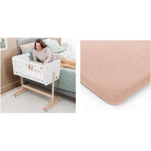 imageComfy Cubs Wooden Bedside Bassinet Sleeper and Muslin Fitted Bassinet Crib Sheet Bundled