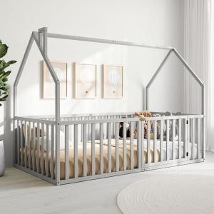 imageComfy Cubs Kids House Gated Floor Bed Twin Size  100 Pinewood Montessori Floor Bed with Safety Enclosure for Children Aged 5 Fun Kids Playhouse Design for Sleep amp Play  WhiteGrey